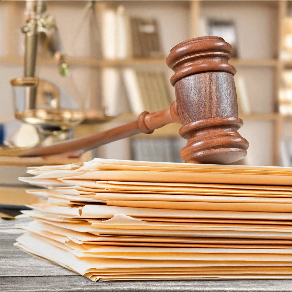 A stack of legal documents with a wooden gavel